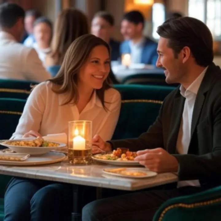 Goście delektujący się kolacją w eleganckiej restauracji NightVenueHotel.