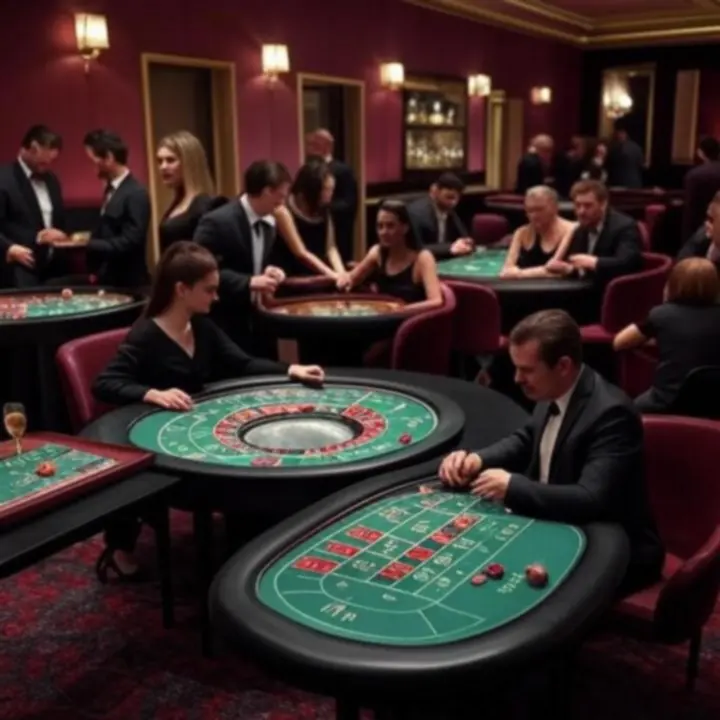 Wieczorna scena kasyna z eleganckimi stołami do gry w NightVenueHotel.