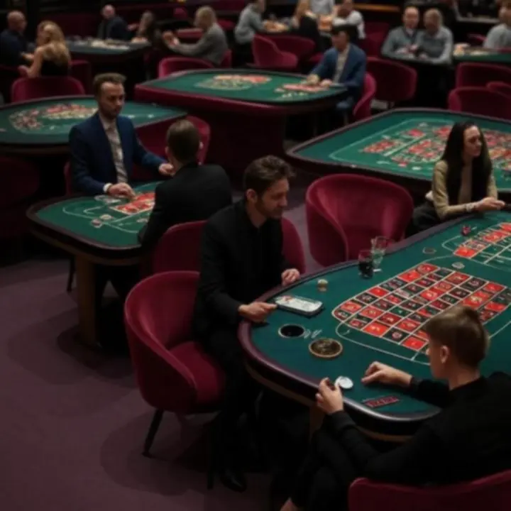 Elegancki lounge kasynowy z barową ladą i stolikami do gry